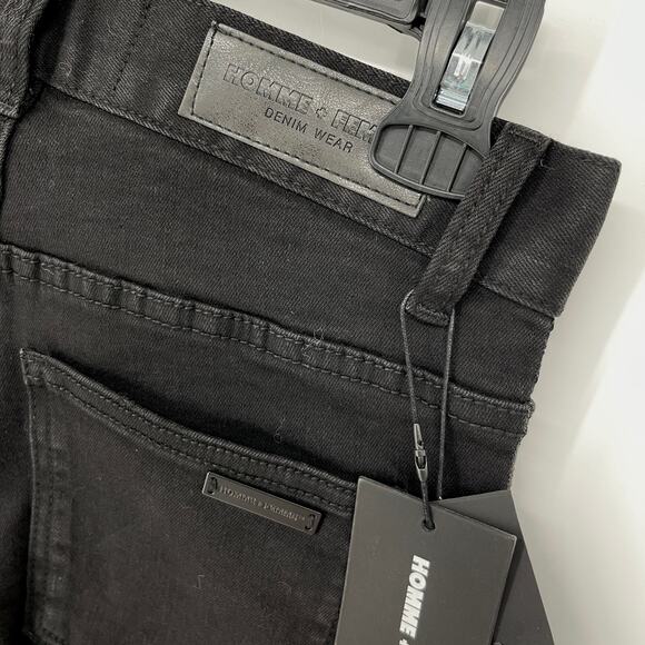 Homme + Femme NEW Skinny Distressed Jeans Mens Sz 28 Black Shimmer Logo Stripes - Picture 9 of 12